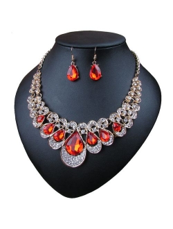 Crystal Glass Water Droplets Large Stones Necklace and Stud Earrings Set for Women