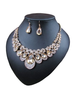 Crystal Glass Water Droplets Large Stones Necklace and Stud Earrings Set for Women