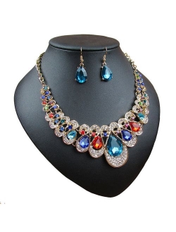 Crystal Glass Water Droplets Large Stones Necklace and Stud Earrings Set for Women