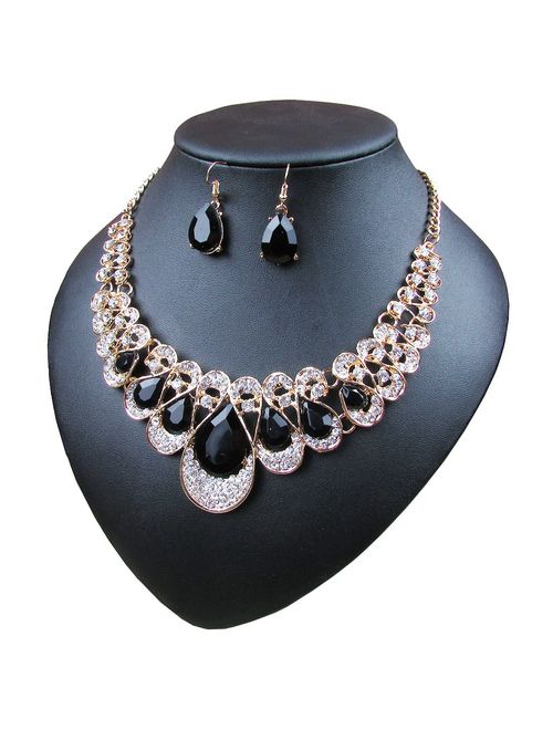 Crystal Glass Water Droplets Large Stones Necklace and Stud Earrings Set for Women