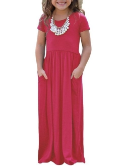 KIDVOVOU Girls Short Sleeve Stripe Dress Summer Long Maxi Dress with Pocket