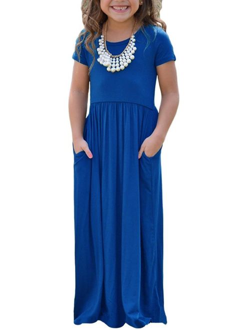 KIDVOVOU Girls Short Sleeve Stripe Dress Summer Long Maxi Dress with Pocket