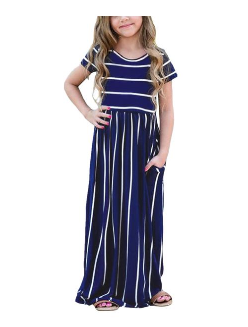 KIDVOVOU Girls Short Sleeve Stripe Dress Summer Long Maxi Dress with Pocket