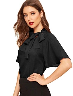 Women's Casual Side Bow Tie Neck Short Sleeve Blouse Shirt Top