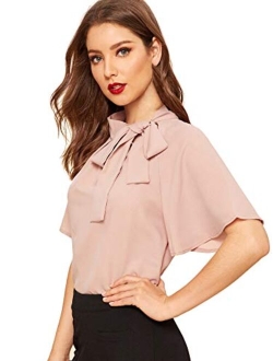 Women's Casual Side Bow Tie Neck Short Sleeve Blouse Shirt Top