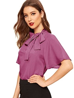 Women's Casual Side Bow Tie Neck Short Sleeve Blouse Shirt Top