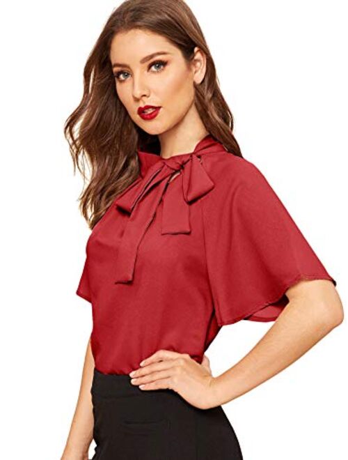 SheIn Women's Casual Side Bow Tie Neck Short Sleeve Blouse Shirt Top