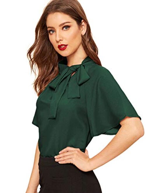 SheIn Women's Casual Side Bow Tie Neck Short Sleeve Blouse Shirt Top