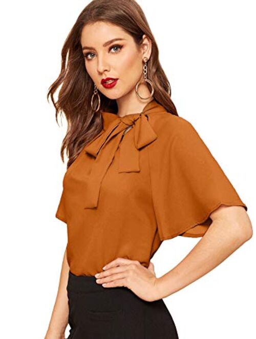 SheIn Women's Casual Side Bow Tie Neck Short Sleeve Blouse Shirt Top