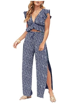 FANCYINN Womens 2 Pieces Outfits Deep V Neck Crop Top Side Slit Drawstring Wide Leg Pants Set Jumpsuits