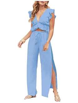 FANCYINN Womens 2 Pieces Outfits Deep V Neck Crop Top Side Slit Drawstring Wide Leg Pants Set Jumpsuits