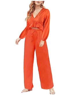 FANCYINN Womens 2 Pieces Outfits Deep V Neck Crop Top Side Slit Drawstring Wide Leg Pants Set Jumpsuits