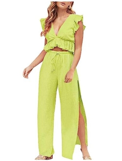 FANCYINN Womens 2 Pieces Outfits Deep V Neck Crop Top Side Slit Drawstring Wide Leg Pants Set Jumpsuits