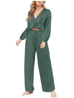 FANCYINN Womens 2 Pieces Outfits Deep V Neck Crop Top Side Slit Drawstring Wide Leg Pants Set Jumpsuits