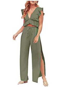 FANCYINN Womens 2 Pieces Outfits Deep V Neck Crop Top Side Slit Drawstring Wide Leg Pants Set Jumpsuits