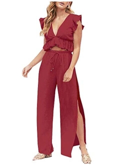 FANCYINN Womens 2 Pieces Outfits Deep V Neck Crop Top Side Slit Drawstring Wide Leg Pants Set Jumpsuits