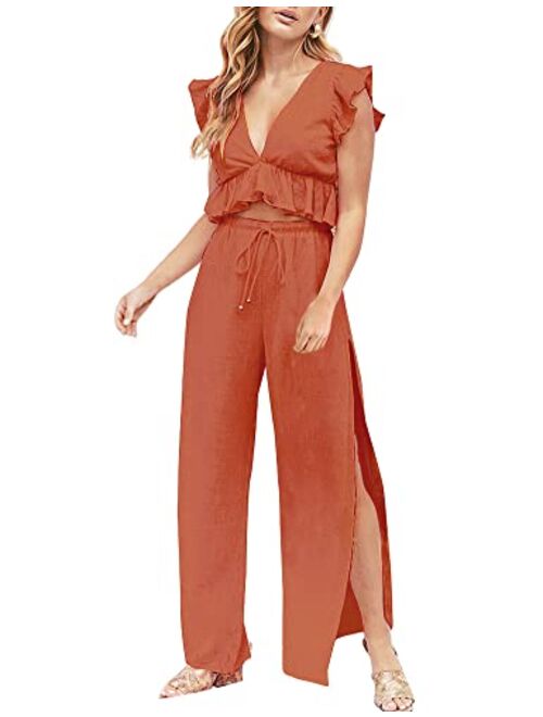 FANCYINN Womens 2 Pieces Outfits Deep V Neck Crop Top Side Slit Drawstring Wide Leg Pants Set Jumpsuits