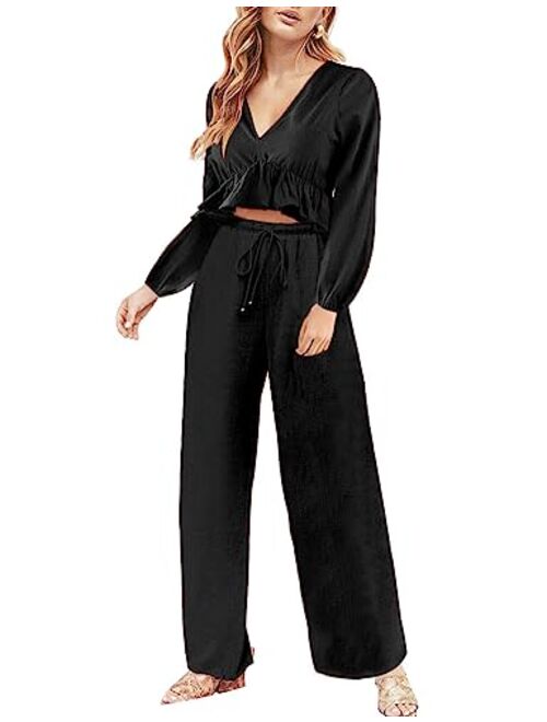 FANCYINN Womens 2 Pieces Outfits Deep V Neck Crop Top Side Slit Drawstring Wide Leg Pants Set Jumpsuits