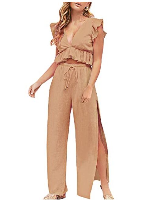 FANCYINN Womens 2 Pieces Outfits Deep V Neck Crop Top Side Slit Drawstring Wide Leg Pants Set Jumpsuits