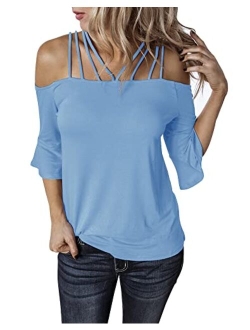 Hilltichu Women's Spaghetti Straps Cold Shoulder Tops Half Sleeve Shirt Blouse