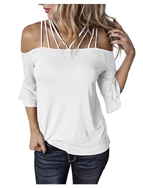 Hilltichu Women's Spaghetti Straps Cold Shoulder Tops Half Sleeve Shirt Blouse