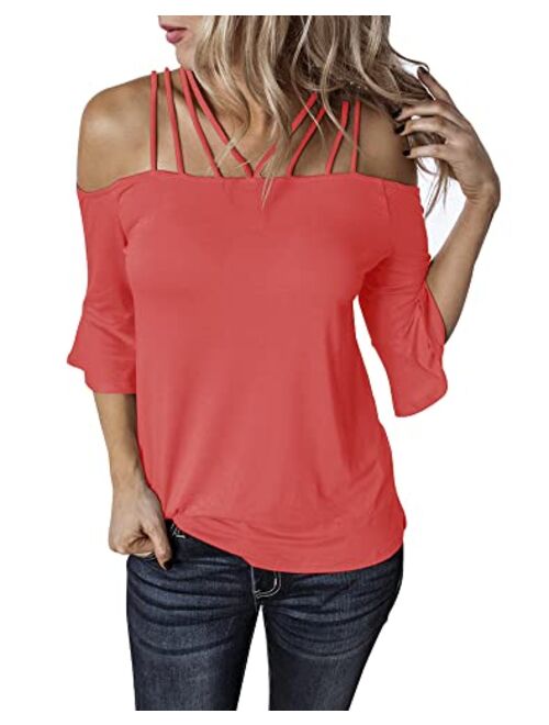 Hilltichu Women's Spaghetti Straps Cold Shoulder Tops Half Sleeve Shirt Blouse