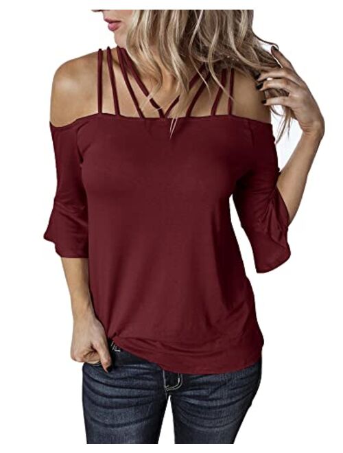 Hilltichu Women's Spaghetti Straps Cold Shoulder Tops Half Sleeve Shirt Blouse