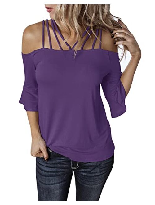 Hilltichu Women's Spaghetti Straps Cold Shoulder Tops Half Sleeve Shirt Blouse