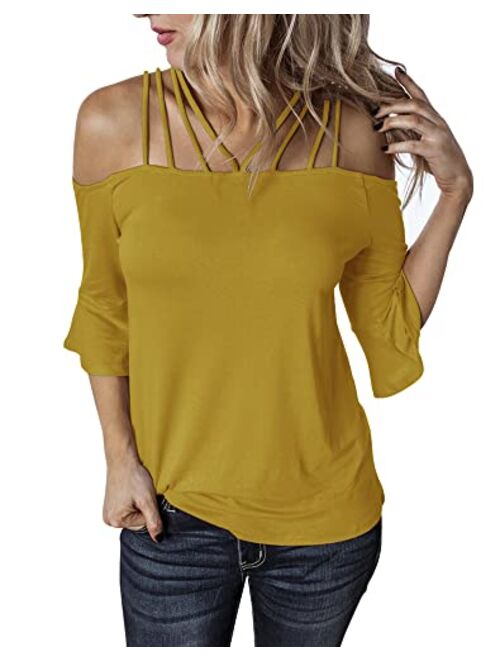 Hilltichu Women's Spaghetti Straps Cold Shoulder Tops Half Sleeve Shirt Blouse