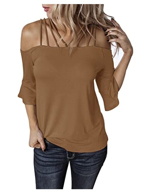 Hilltichu Women's Spaghetti Straps Cold Shoulder Tops Half Sleeve Shirt Blouse