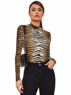 Women's Leopard Print Long Sleeve Turtleneck T-Shirt Basic Blouse Tee Top