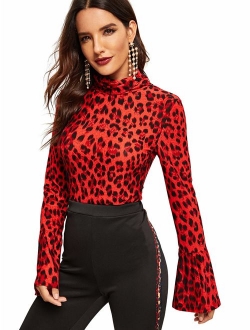 Women's Leopard Print Long Sleeve Turtleneck T-Shirt Basic Blouse Tee Top