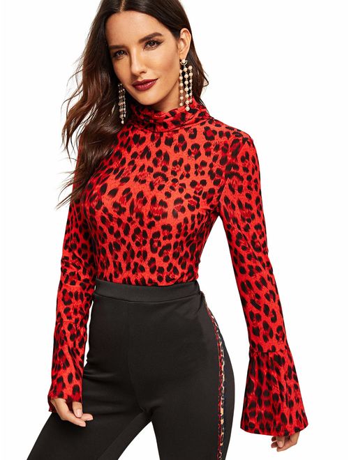 SweatyRocks Women's Leopard Print Long Sleeve Turtleneck T-Shirt Basic Blouse Tee Top