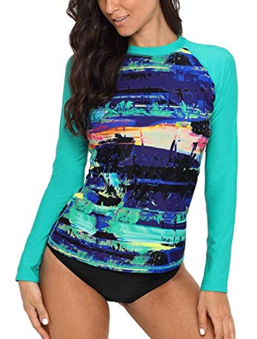 CharmLeaks Women's Long Sleeve Rashguard UPF 50 Sun Protection Swimsuit Top Striped Swim Shirts