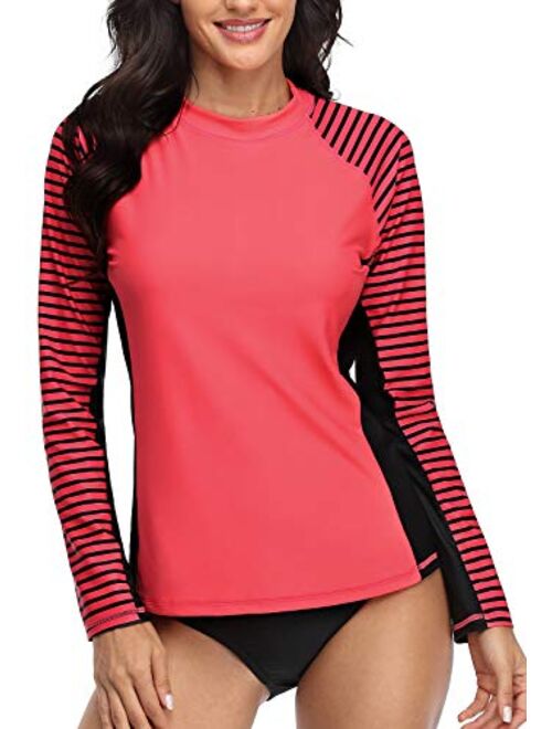 CharmLeaks Women's Long Sleeve Rashguard UPF 50 Sun Protection Swimsuit Top Striped Swim Shirts