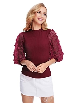 Women's Summer Short Sleeve Mock Neck Casual Blouse Tops