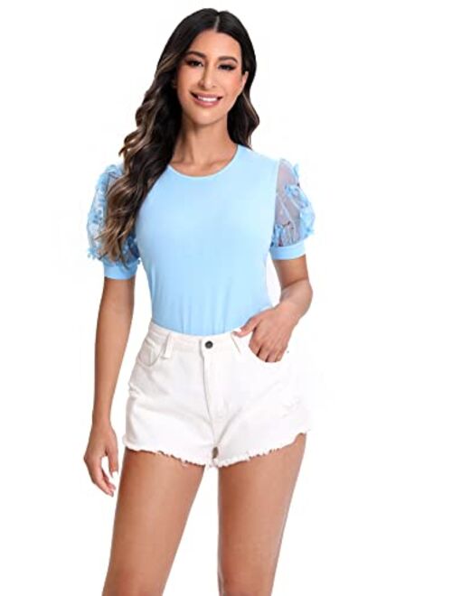 ROMWE Women's Summer Short Sleeve Mock Neck Casual Blouse Tops