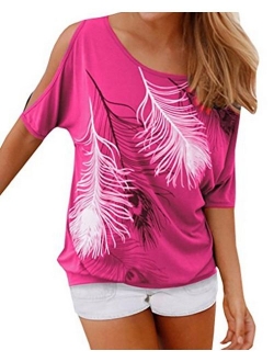 Relipop Women's Fashion Feather Print Off Shoulder Tops Short Sleeve Blouse Casual T-Shirt