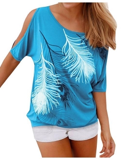 Relipop Women's Fashion Feather Print Off Shoulder Tops Short Sleeve Blouse Casual T-Shirt