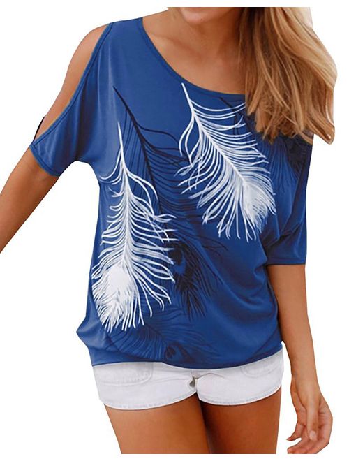 Relipop Women's Fashion Feather Print Off Shoulder Tops Short Sleeve Blouse Casual T-Shirt