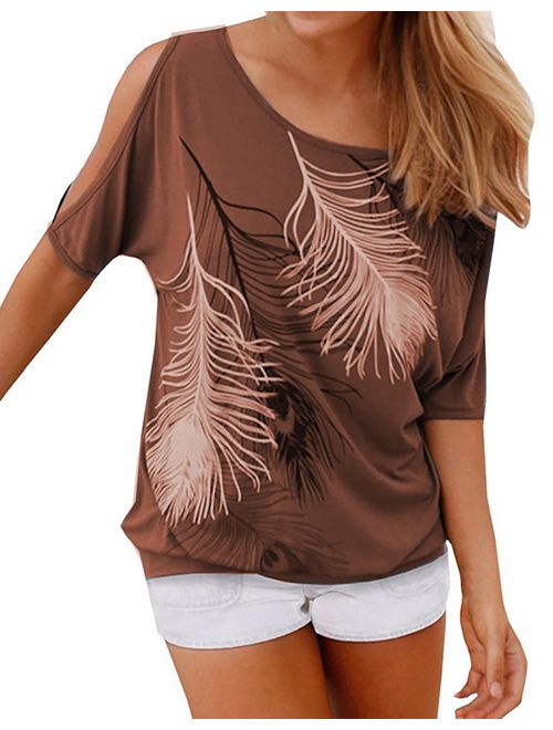 Relipop Women's Fashion Feather Print Off Shoulder Tops Short Sleeve Blouse Casual T-Shirt