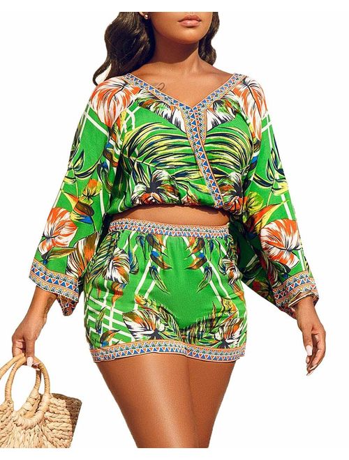 korssyee 2 Piece Outfits for Women Summer Two Piece Crop Top Shorts Set Boho Floral Print Romper Jumpsuit