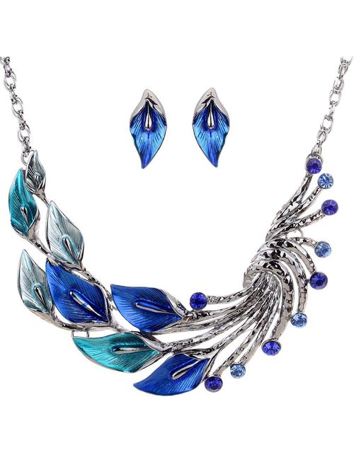 YAZILIND Ethnic Style Tibetan Silver Peacock Crystal Chunky Bib Earrings Necklace Set Wedding Party