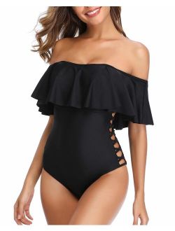 Holipick Women Off Shoulder Swimsuit One Piece Lace Up Ruffle Flounce Bathing Suit