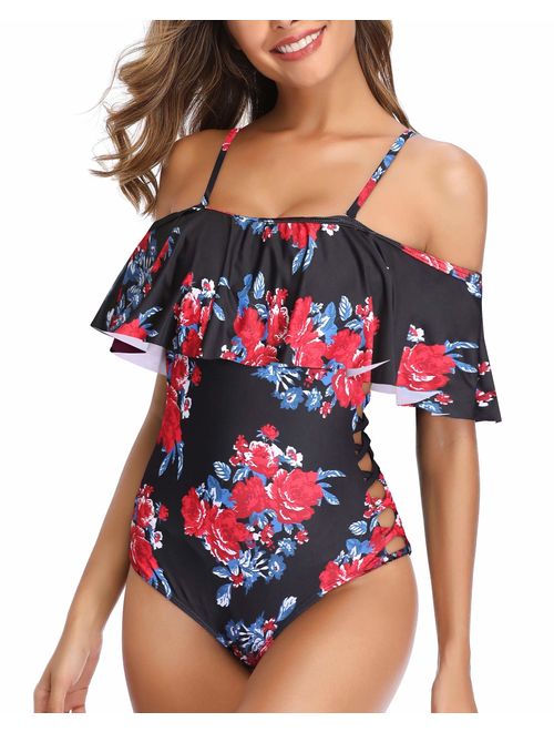 Holipick Women Off Shoulder Swimsuit One Piece Lace Up Ruffle Flounce Bathing Suit