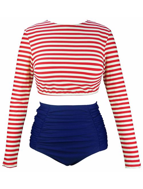 COCOSHIP Women's Long Sleeve Swim Shirt Rash Guard Top Tankinis Set High Waist Bathing Swimsuit(FBA)