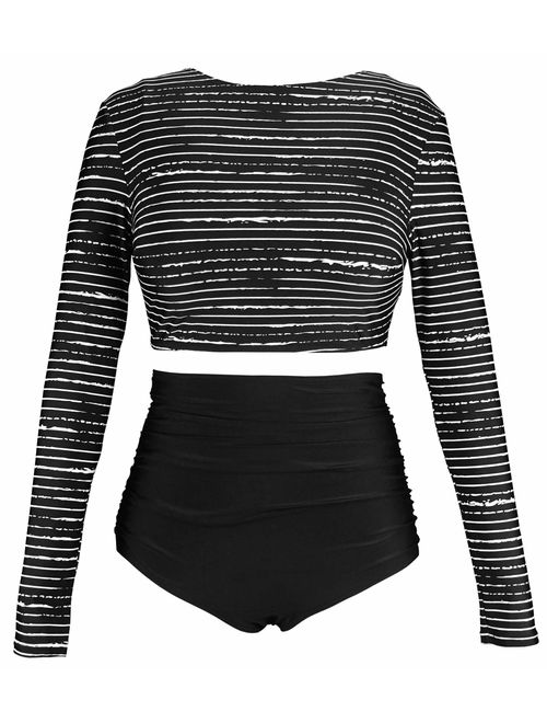 COCOSHIP Women's Long Sleeve Swim Shirt Rash Guard Top Tankinis Set High Waist Bathing Swimsuit(FBA)