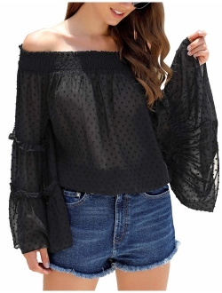 LookbookStore Womens Off Shoulder 3/4 Bell Sleeve Mesh Blouse Tie Knot Loose Top