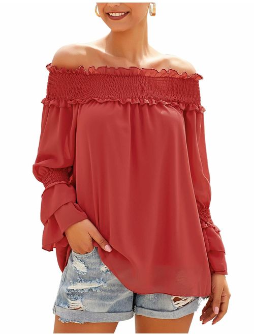 LookbookStore Womens Off Shoulder 3/4 Bell Sleeve Mesh Blouse Tie Knot Loose Top