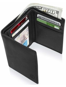 Trifold Wallets For Men RFID - Genuine Leather Slim Mens Wallet With ID Window Front Pocket Wallet Gifts For Men